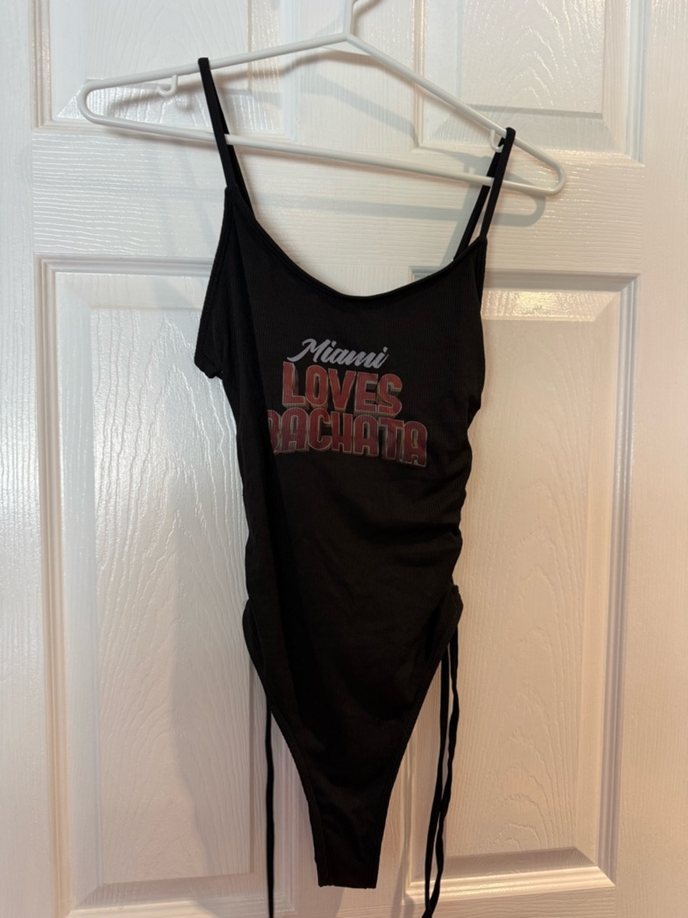 Miami Loves Bachata Black Ribbed Spaghetti Strap bodysuit